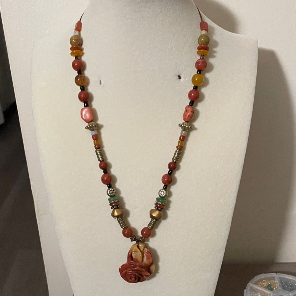 Artisan Red and Gold Stone Beaded Necklace with Rose Pendant